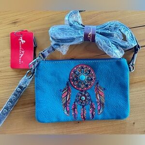 Embroidered Blue Leather Clutch